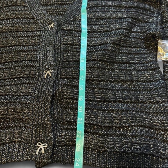 Metallic Black V-Neck Rhinestone  Bow-Button Cardigan - Picture 7 of 7